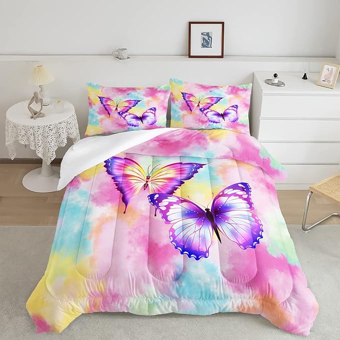 CVHOUSE Butterfly Bedding Set,Butterfly Comforter King,Butterfly Comforter Set for Girls Kids Teens,Butterflies Quilt Set with 1 Comforter and 2 Pillow Cases