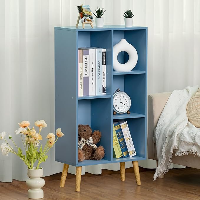 YAHARBO 5 Cube Bookshelf, Blue Kids Book Shelf with Cubby Storage,Wooden Modern Bookcase with Legs,3 Tier Freestanding Display Book Case,Children Toy Organizer,Bookshelves for Office,Nursery,Playroom