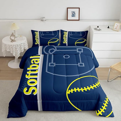 Feelyou Kids Softball Comforter Set Full Size Sports Game Bedding Set for Boys Girls Teens Bedroom Decor Baseball Comforter Women Men Softball Gaming Duvet Set with 2 Pillow Case