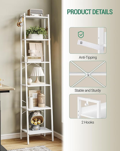Ladder Shelf, Bookshelf Bookcase, Freestanding Corner Storage Shelve with 2 Hooks for Home Office, Living Room, Kitchen, Bedroom, Industrial, 6-Tier White BC13313W