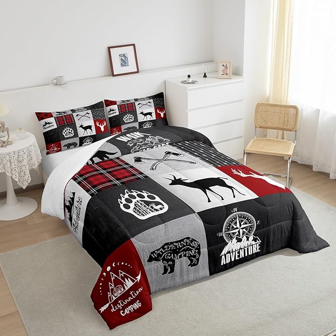 Deer Antler Bear Kids Comforter Set King Size,Plaids Boho Arrows Patchwork Bedding Set for Boys Girls Adults Room Decor,Rustic Adventure Camper Down Comforter,Red Xmas Duvet Insert,2 Pillowcases