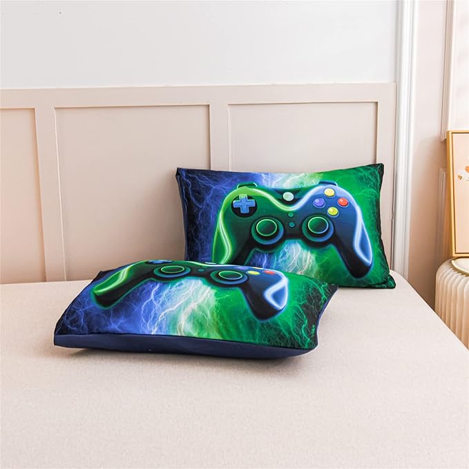 Meeting Story Gamer Gaming Bedding Sets Red Blue Lightnings Gamepad Comforter Set for Boys Games Console Action Buttons Novelty Colorful Modern Room Decor Home Quilt Set (Blue-Green, Full 5Pcs)