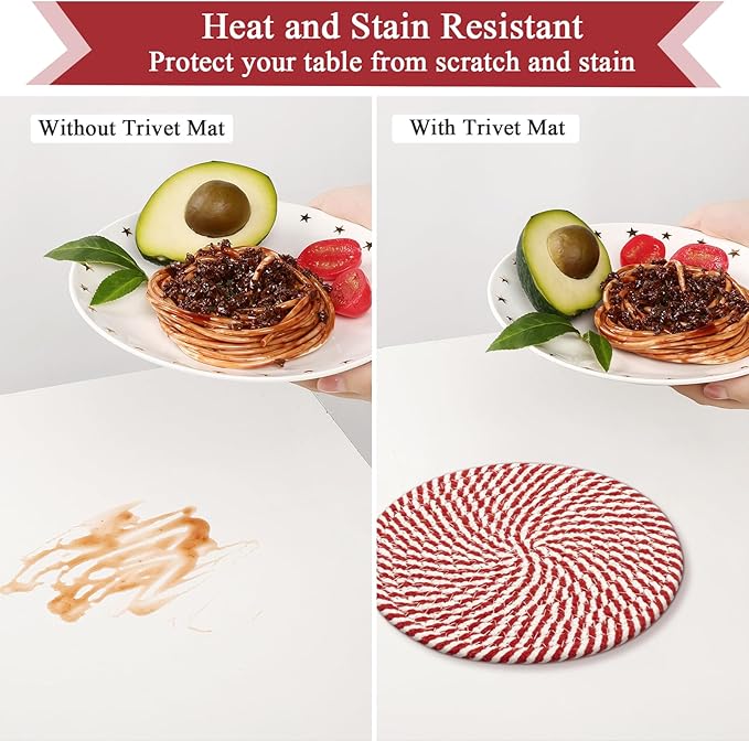 SHACOS 8 Inches Trivets for Hot Dishes, 4 Pieces Cotton Trivets Mats for Kitchen, Hot Pads for Countertops and Table, Heat-Resistant Pot Holders for Hot Pots and Pans(Red, 4pcs)