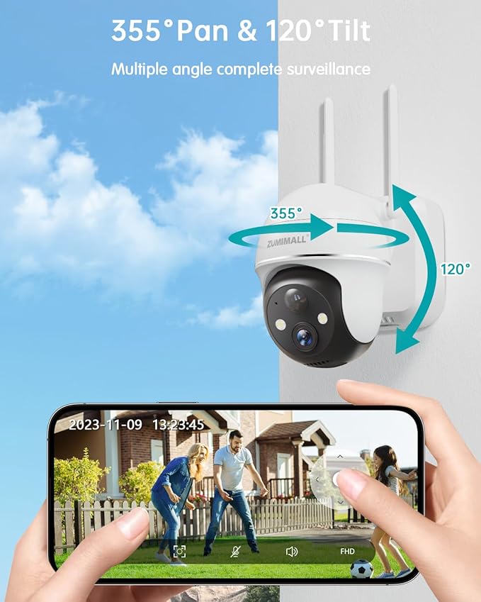 2K Security Camera Outdoor Wireless WiFi with 360° PTZ, ZUMIMALL Battery Powered Wireless Cameras for Home Surveillance, Spotlight & Siren/PIR Detection/3MP Color Night Vision/2-Way Talk/IP66/Cloud/SD