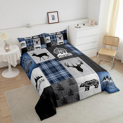 Deer Antler Bear Kids Comforter Set King Size,Hunting Adventure Bedding Set for Boys Girls Adults Room Decor,Geometric Plaids Patchwork Down Comforter,Rustic Farmhouse Duvet Insert,2 Pillowcases