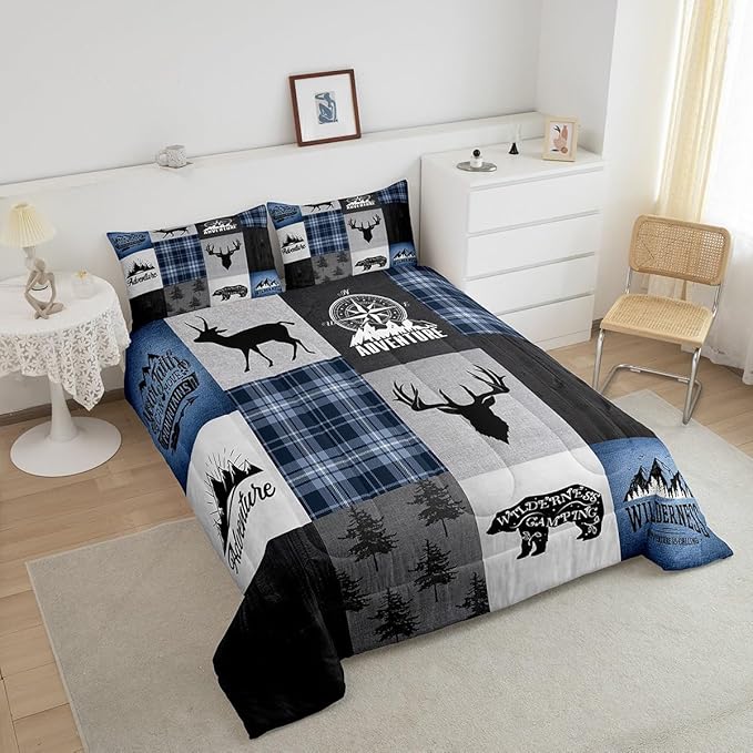 Deer Antler Bear Kids Comforter Set Queen Size,Hunting Adventure Bedding Set for Boys Girls Adults Room Decor,Geometric Plaids Patchwork Down Comforter,Rustic Farmhouse Duvet Insert,2 Pillowcases