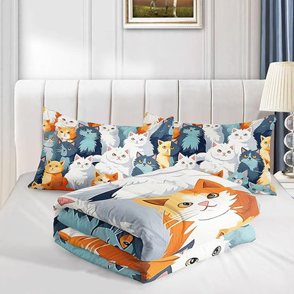 Datura home Kids Comforter Set Cute Cats Printed Pattern Bedding Set with 1 Comforter and 2 Pillowcases for Girls Boys Bedroom All Season(Cat Queen)