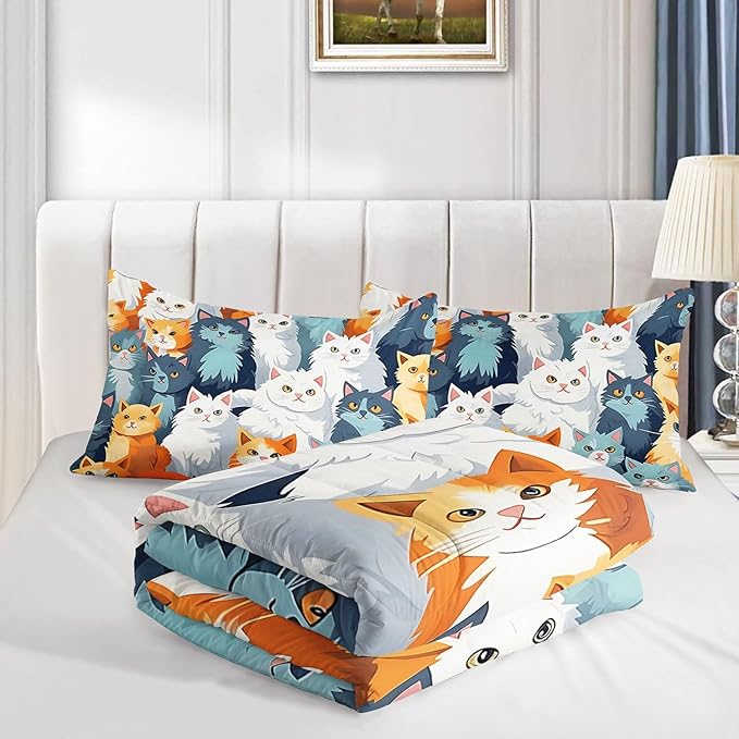 Datura home Kids Comforter Set Cute Cats Printed Pattern Bedding Set with 1 Comforter and 2 Pillowcases for Girls Boys Bedroom All Season(Cat Full)