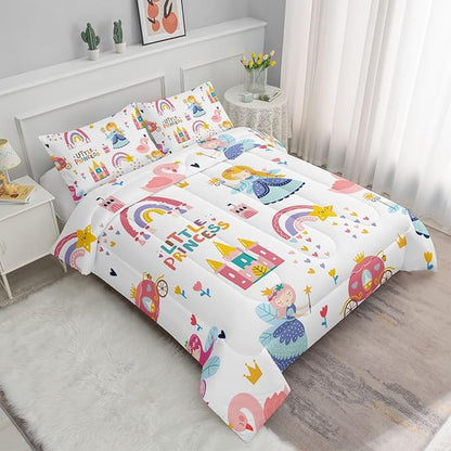 Datura home Girls Bedding Comforter Set Little Princess and Rainbow Castle Printed Pattern Quilt Bedding Set with 1 Comforter and 2 Pillowcases for Girls Bedroom All Season(Princess Full)80x90in