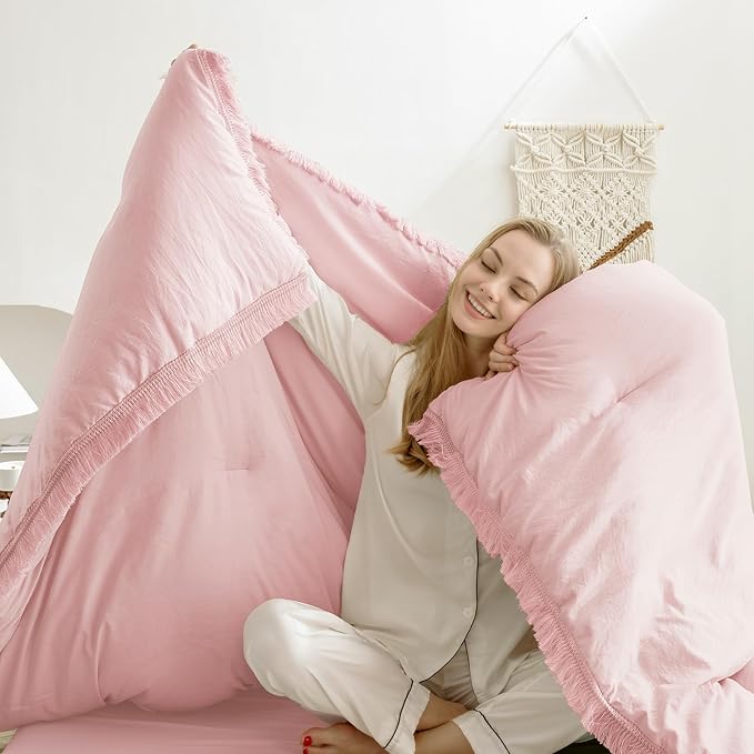Andency Pink Tassel Comforter Set Full(79x90Inch), 3 Pieces(1 boho Comforter, 2 Pillowcases) Farmhouse Shabby Chic Comforter Set, Soft Microfiber Lightweight Fringe Bedding Comforter Set