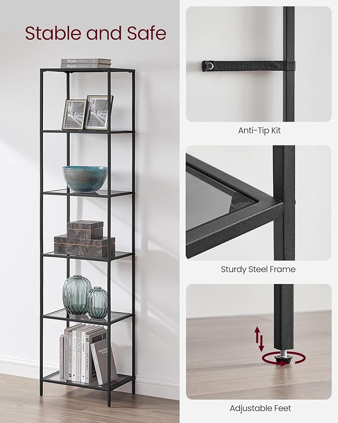 VASAGLE Bookcase, 6-Tier Bookshelf, Slim Shelving Unit for Bedroom, Bathroom, Home Office, Tempered Glass, Steel Frame, Ink Black and Slate Gray ULGT500G01
