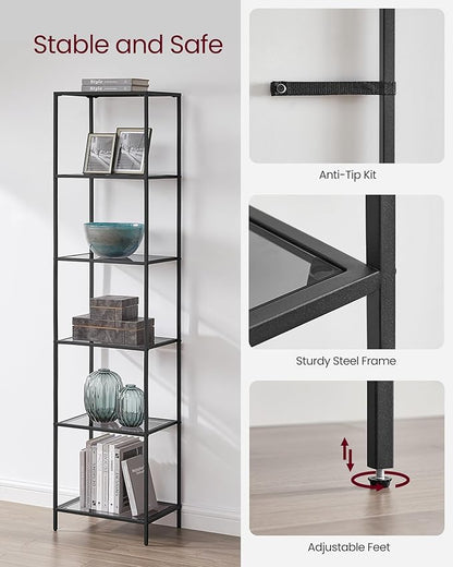VASAGLE Bookcase, 6-Tier Bookshelf, Slim Shelving Unit for Bedroom, Bathroom, Home Office, Tempered Glass, Steel Frame, Ink Black and Slate Gray ULGT500G01