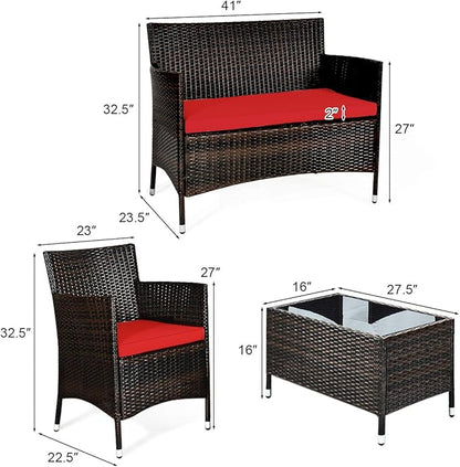 Goplus 4-Piece Rattan Patio Set, Outdoor/Indoor Wicker Conversation Set for Pool, Backyard, Lawn, Wicker Chairs and Sofa with Soft Cushion, Rattan Furniture with Tempered Glass Coffee Table