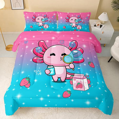 Kawaii Axolotl Comforter,Pink Salamander Comforter Set for Kids Teens Girls,3Pcs Bedding Set Printed Comforter with 2 Pillowcases,Down Alternative,Soft and Lightweight(Pink，Queen Size)