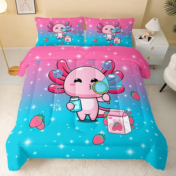 Kawaii Axolotl Comforter,Pink Salamander Comforter Set for Kids Teens Girls,3Pcs Bedding Set Printed Comforter with 2 Pillowcases,Down Alternative,Soft and Lightweight(Pink，Full Size)