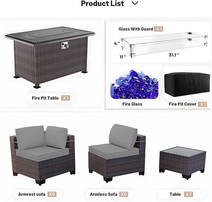 Kullavik 13 Pieces Outdoor Patio Furniture Set with 43" 55000BTU Gas Propane Fire Pit Table PE Wicker Rattan Sectional Sofa Patio Conversation Sets,Grey