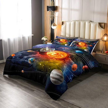 Erosebridal Solar System Bedding Set Twin Galaxy Space Comforter Set for Kids Boys Toddler Outer Space Room Decor Nebula Planets Orbit Comforter Celestial Universe Stars Quilt Duvet 1 Pillowcase