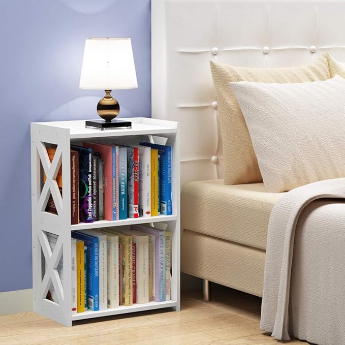 Side Table, 3 Tier 2 Shelf Small Bookshelf Bookcase for Small Spaces, Bedside End Table Nightstand, Kids Book Storage Shelves for Bedroom Living Room Office, White