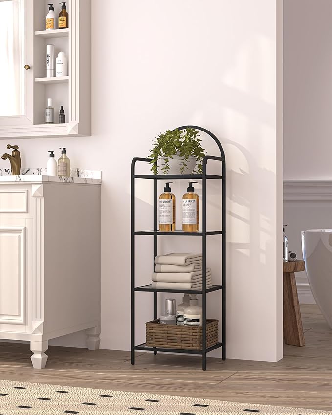 Bookcase Bookshelf, Tempered Glass Bookshelves, Slim Shelving Unit for Bedroom, Bathroom, Home Office, Steel Frame, 4 Tier Black BC04001B