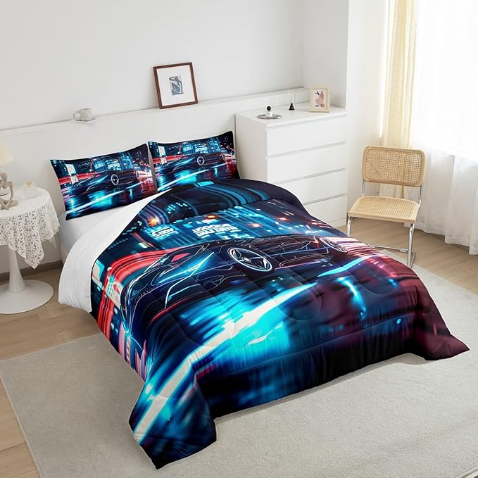 Feelyou City Racing Car Bedding Set Twin Size for Kids Boys Extreme Sport Games Comforter Set Teens Toddler Fast and Furious Duvet Set Cool Modern Quilt Set 2Pcs