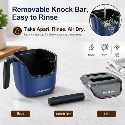 Ourokhome Espresso Knock Box with Lid, Compact Coffee Grounds Container for Home Coffee Bar, Removable Knock Bar, 304 Stainless Steel Exterior, Non-Slip Base & Handle, Easy Clean (Deep Blue)
