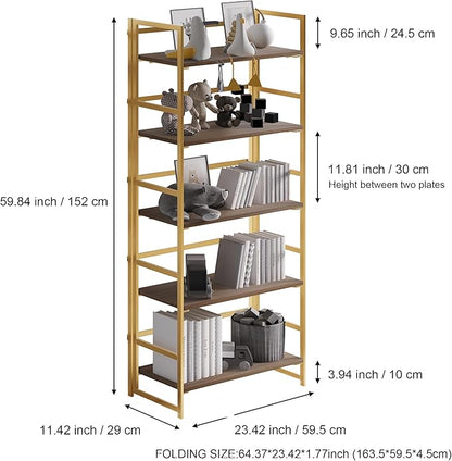 No-Assembly Folding Gold Bookshelf Storage Shelves 5 Tiers Vintage Multifunctional Plant Flower Stand Storage Rack Shelves Bookcase for Home Office