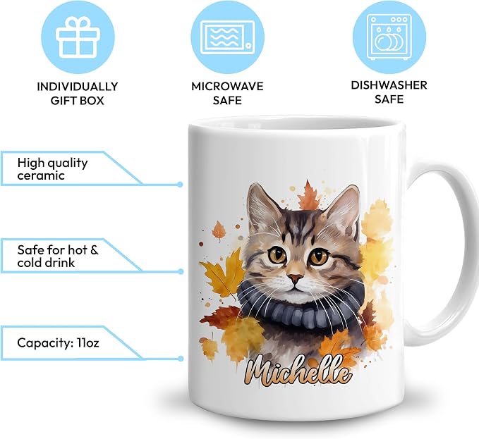 Hyturtle Personalized Fall Cat Maple Leaves Coffee Mug Gifts on Birthday | Gifts For Cat Lovers - Fall Autumn Decor Gift For Farmhouse Thanksgiving - Custom Name 11oz White Ceramic Coffee Tea Mug