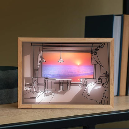 Decorative Lamp on Desk, Warm Seaside Design Desktop Illustration Light, USB Low Power Desk Lamp with Morning/Afternoon/Sunset 3 Modes