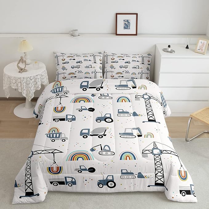 Feelyou Cute Cars Bedding Set Cartoon Excavator Kids Comforter Set Boys Construction Vehicles Comforter Equipment Trucks Duvet Set Rainbow Room Decor Tractor Quilt King Size with 2 Pillow Case Boys