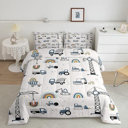 Cute Cars Bedding Set Kids Cartoon Excavator Comforter for Boys Girls Machinery Bulldozer Crane Comforter Set Colorful Rainbow Construction Site Duvet Set Room Decor Quilt Full Size Boys