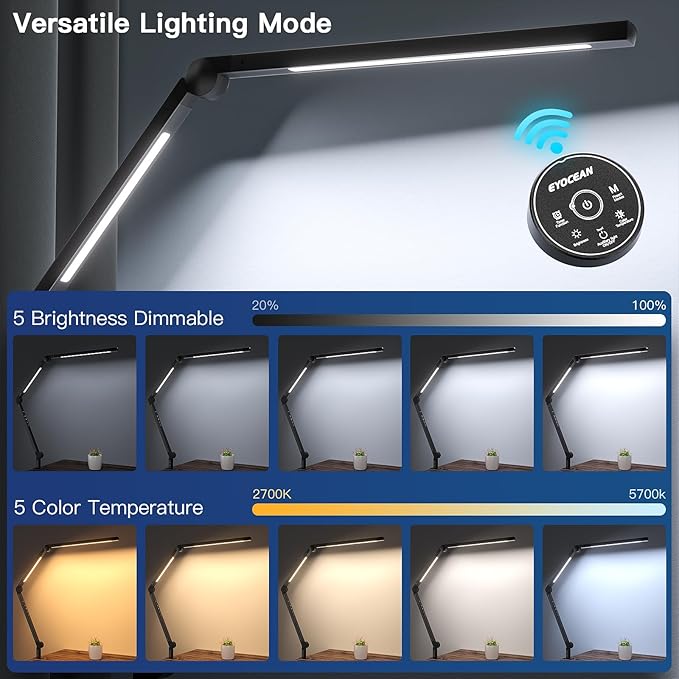 Desk Lamp, LED Desk Lamp with Clamp for Home Office, High Brightness Dimmable Desk Light, Adjustable Color Temperature Swing Arm Architect Lamp with Memory & Timing,Touch control Clamp Lamp
