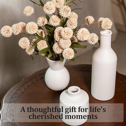 Fake Flowers in Vase for Centerpieces, Faux Flowers in Modern Ceramic Vase Set of 3 with 8 Artificial Autumn Chrysanthemums Home Decor
