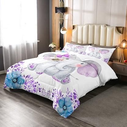 Kids Elephant Bedding Set Cute Animal Comforter Set Twin For Girls Boys Kawaii Room Decor, Flower Branches Duvet Sets Cartoon Elephant With Floral Down Comforter With 1 Pillow Case, Purple Blue