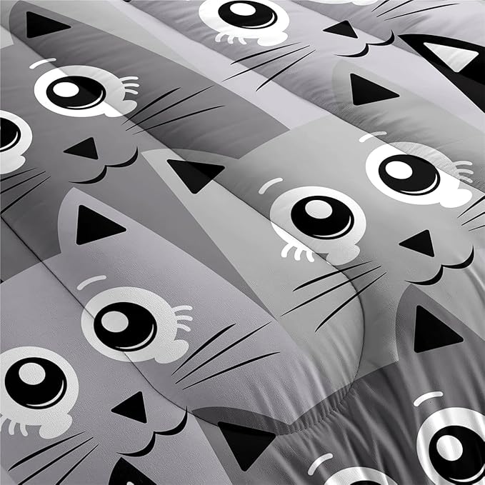 Cat Queen Comforter Set for Bedroom - 3Pcs Grey Cat Comforter Set for Teens Kids Cute Cartoon Cat Bedding Set Ultra Soft Warm Lightweight Kawaii Animal Patterns Comforter with 2 Pillowcases