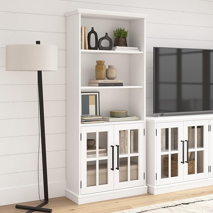 Bush Furniture Westbrook Tall 5 Shelf Bookcase with Glass Doors in White Ash | Farmhouse Bookshelf Cabinet for Living Room and Home Office