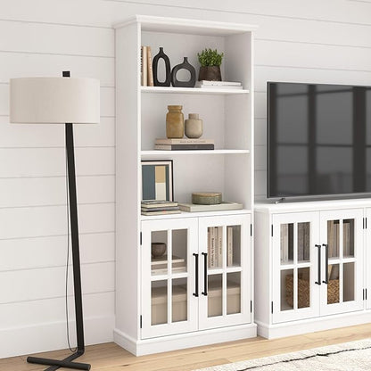 Bush Furniture Westbrook Tall 5 Shelf Bookcase with Glass Doors in White Ash | Farmhouse Bookshelf Cabinet for Living Room and Home Office