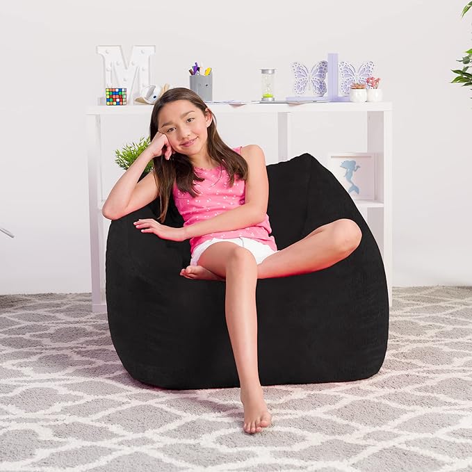 Posh Creations Structured Comfy Bean Bag Chair for Gaming, Reading, and Watching TV, Coronado Chair, Rabbit Fur - Black