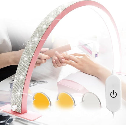 WYCFBDHalf Moon Nail Desk Lamp, Half Moon Light for Nail Desk,Arch Light for Nail Techs,Nails lamp Sparkle,Bright Light,Without Shadows,Large Work Space,Pink,22IN