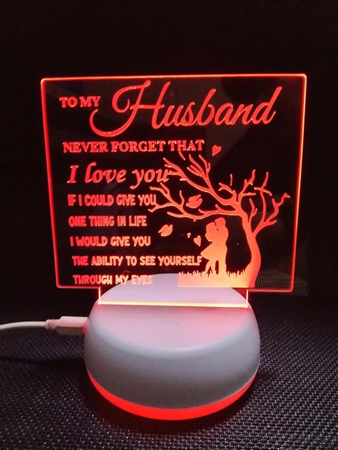 to My Husband from Wife, to My Husband 3D Optical Illusion 2 Functions 7 Color RGB Colorful USB Charging or AA Battery - Acrylic Panel Birthday Wedding Gifts for Husband