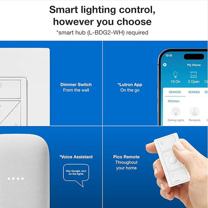 Lutron Caseta Original Smart Dimmer Switch Starter Kit, with Pico Remote, Wall Plate, and Smart Hub, Works with Alexa, Apple Home, and Google Home, 3 Way, 150W, No Neutral Req, P-BDG-PKG1W