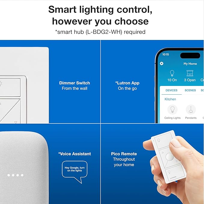 Lutron Caseta Original Smart Dimmer Switch Kit, 2 Dimmer Switches, 2 Wall Plates, 2 Remotes, 2 Pedestals, and Smart Hub, Works with Alexa, Apple Home, Google Home, 3Way, 150W, No Neutral, P-BDG-PKG2W