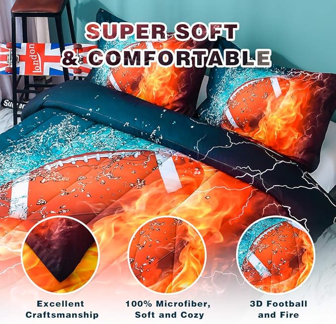 Ondency Football Comforter Set Full (79x90 Inch), 3 Pieces(1 Football Comforter, 2 Pillowcases) 3D Sport Microfiber Football Comforter Set Bedding Set for Boys Kids