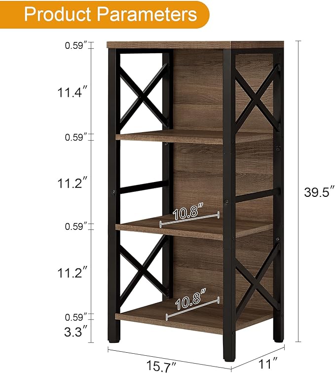 Bookcase, Industrial Small Bookshelf,4-Tier Narrow Bookcase Storage Organizer, Small Book Shelf for Small Spaces, Living Room, Bedroom and Home Office, Brown