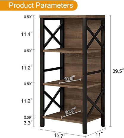 Bookcase, Industrial Small Bookshelf,4-Tier Narrow Bookcase Storage Organizer, Small Book Shelf for Small Spaces, Living Room, Bedroom and Home Office, Brown