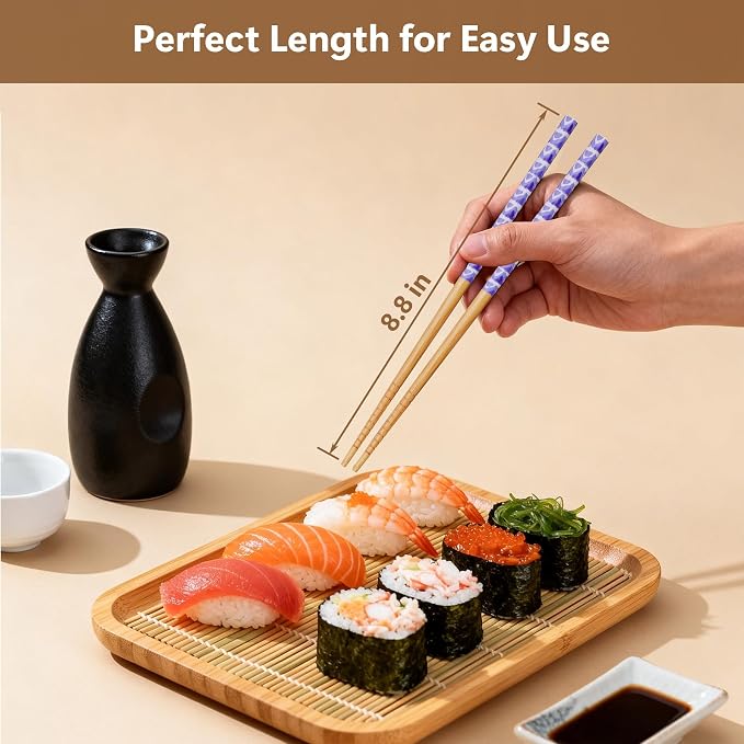 Antner 5 Pairs Reusable Bamboo Chopsticks and 5PCS Ceramic Rests Set, 8.8 Inch Classic Japanese Style Chopsticks with Holders for Sushi Ramen Asian Cuisine, Non-Slip, Black Elegant Gift Box