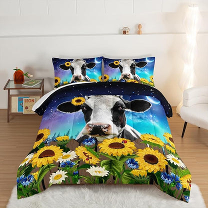 HOSIMA Cow Print Comforter with 2 Pillowcases,Farm Animal Theme Bedding Set Sunflower Twin Bed in a Bag Sets for Adults Teens Kids,Farm Starry Sky Toddler Comforter Floral Bedding Set.