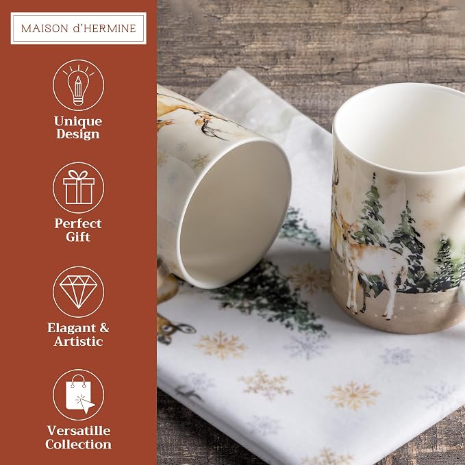 Maison d' Hermine Coffee Mug with Handles Tea Cups (15 Ounce, Pack of 2) | Fine Bone China Coffee Mugs for Hot Beverages Cappuccino Latte Home Restaurant Hotel Spring Summer -Deer In The Woods