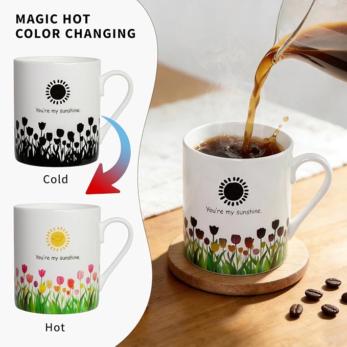 Lovfit Tulip Color Changing 12oz Ceramic Coffee Mug | Heat Sensitive You are My Sunshine Cup, Sunflower Birthday Gift for Women Friends Family, Home Office Use