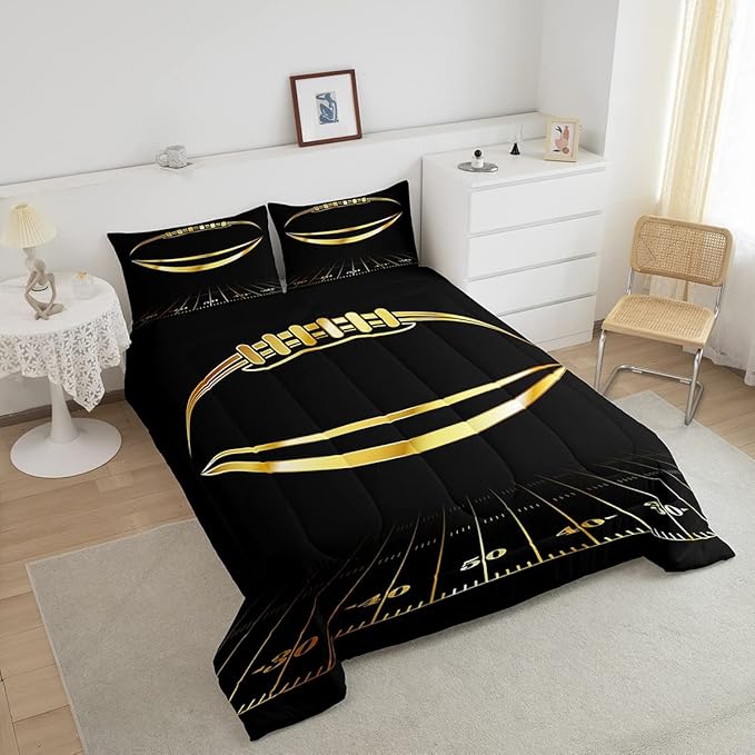 Feelyou Football Bedding Set Queen Kids Rugby Sports Comforter Set American Football Comforter Set for Boys Golden Black Room Decor Lightweight Quilt Set with 2 Pillow Case
