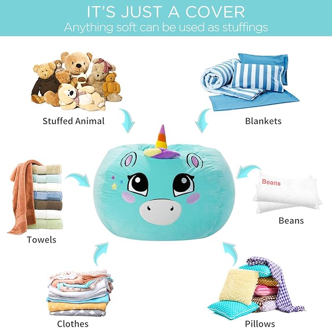 Aubliss Stuffed Animal Storage, Velvet Bean Bag Chairs Cover, Large 32" Ultra Soft Kids Toy Storage Organizer for Blankets Towels Clothes, Cyan Big Eyes